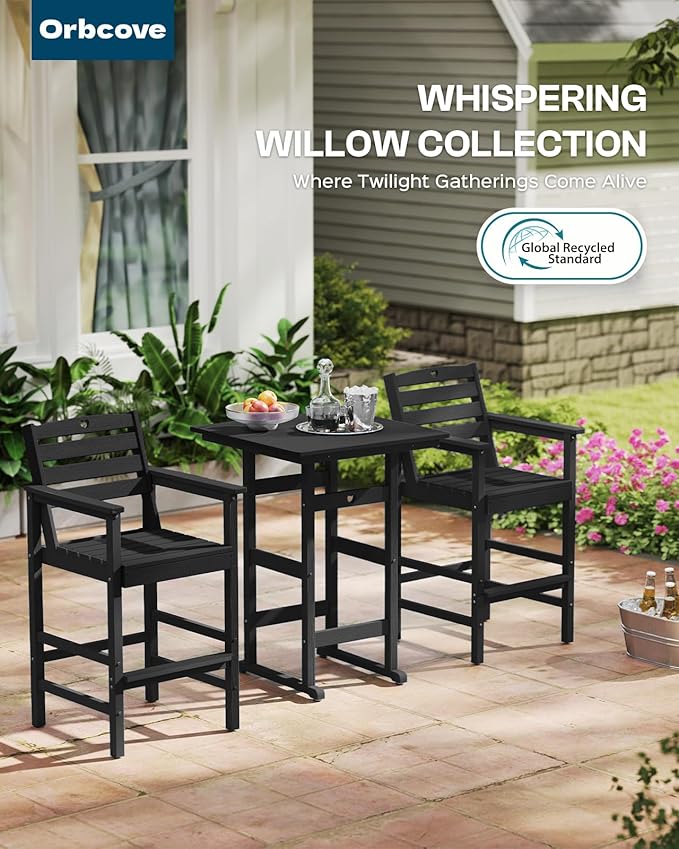 5-Piece Bar Height Outdoor Table and Chairs Set, HDPE Wood Grain Patio Bar Table and Chairs with Heart Cutout Design, Weather-Resistant Bar Height Furniture for Deck, Porch, Pool (Black)