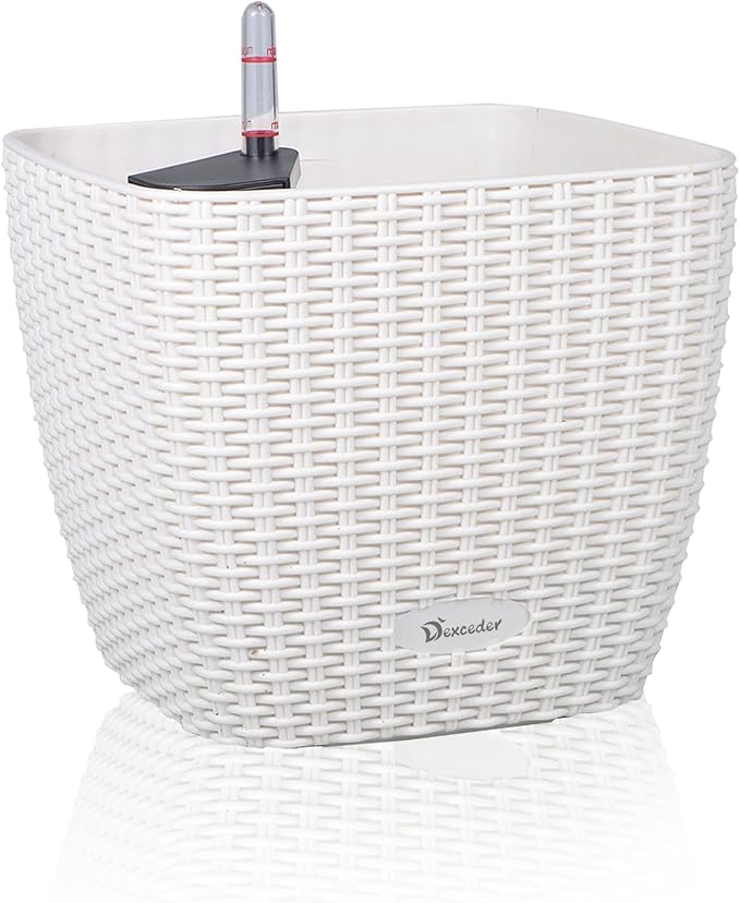 Dexceder 11x10 Self Watering Planter Indoor Outdoor, Inner Mat Design, Thickened Table Flower Plant Pot with Water Level Indicator (Ivory White Rattan)