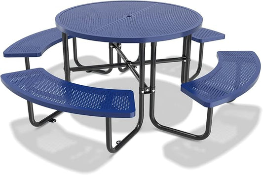 46'' Steel Round Picnic Table for Outdoors, Expanded, Lifetime Picnic Table with Umbrella Hole, Heavy Duty Sturdy Commercial Picnic Tables for Garden Courtyard BBQ, Blue
