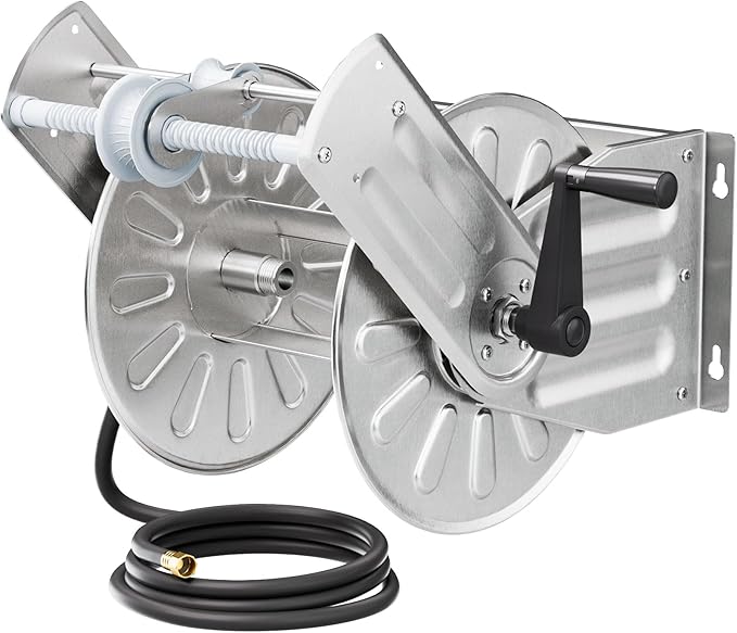 GREENER Stainless Steel Hose Reel for Outside,Wall Mount Garden Hose Holder Heavy Duty Metal Reel, 3/4" Solid Connector with 5/8" Inlet Hose and Crank,65-Feet 5/8" Hose Capacity
