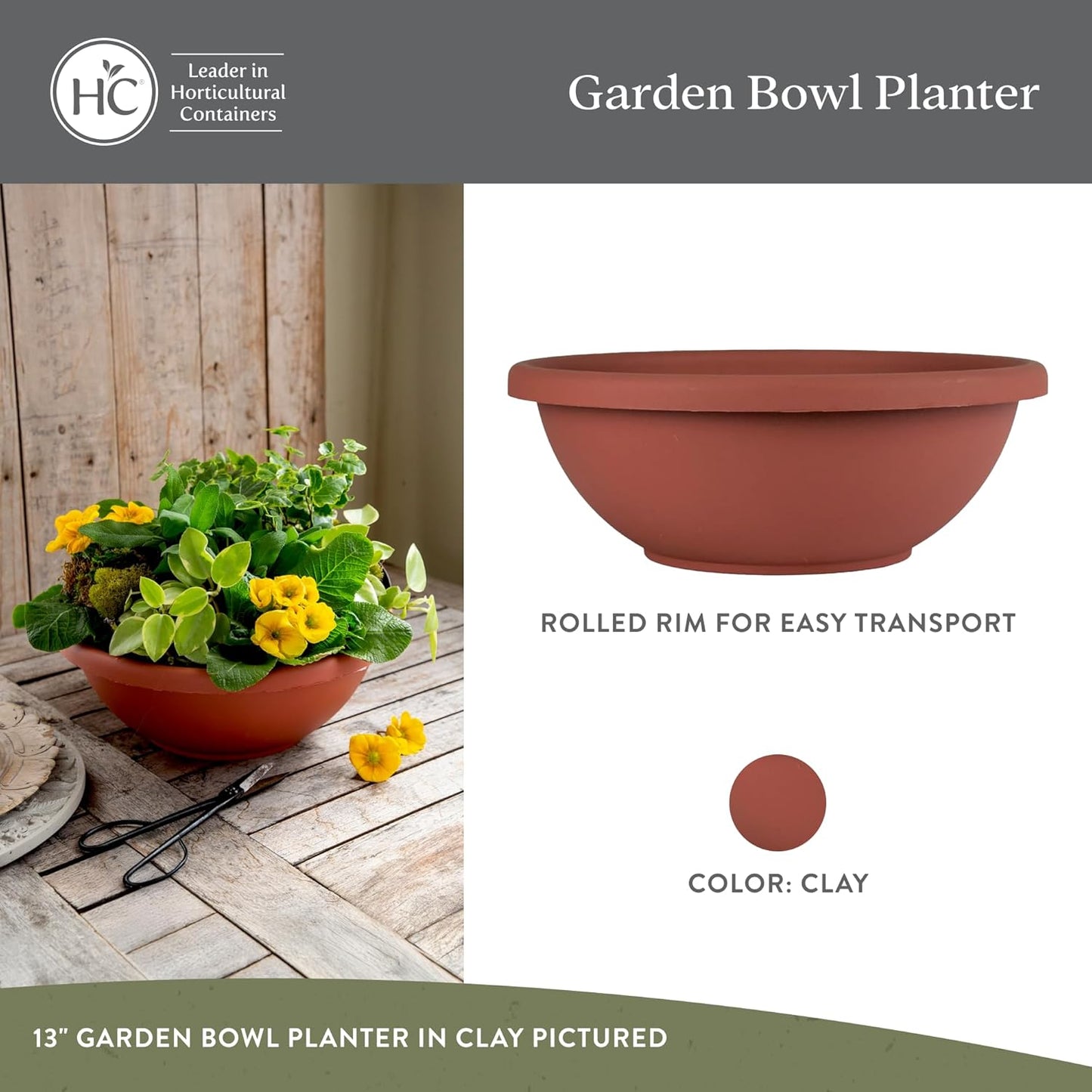 The HC Companies Shallow Planter with Drainage - Contemporary Garden Bowl Planter for Flowers, Herbs & More - Round Succulent Planter Pot for Indoors and Outdoors (20" Clay, Pack of 1)