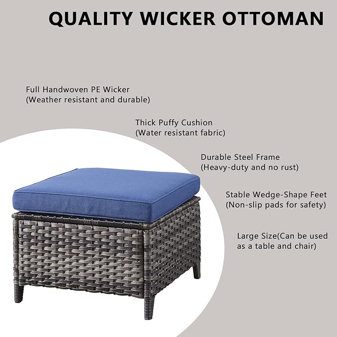 Outdoor Wicker Patio Furniture Set - 5 Piece Rattan Patio Conversation Set with 2 Rocking Swivel Chairs,2 Ottomans and 1 Sofa for Porch Deck Backyard Garden(Mixed Grey/Blue)