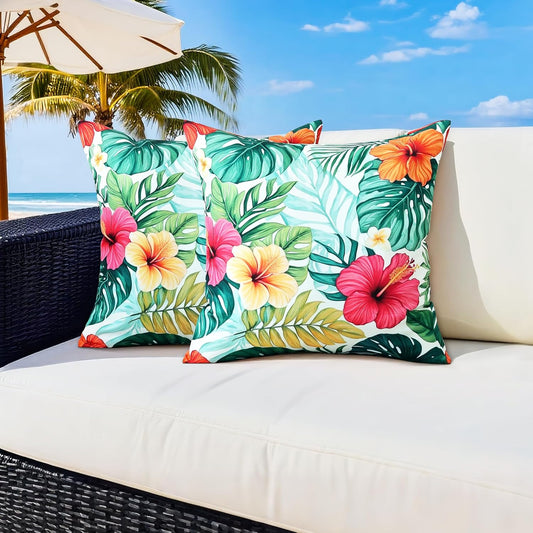 Outdoor Pillow Covers 18x18 Inch Set of 2 Tropical Floral Plants Boho Throw Pillows Cases Waterproof Square Garden Cushion Sham for Patio Funiture Tent Balcony Bench Sofa Couch, Green