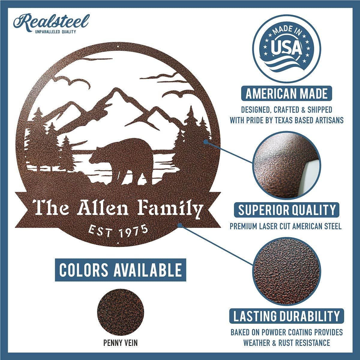 RealSteel Personalized Bear Metal Sign - Custom Outdoor Wall Art with Mountain Scene - Circular Design for Porch, Patio, Lawn & Garden Décor - Black, 36"