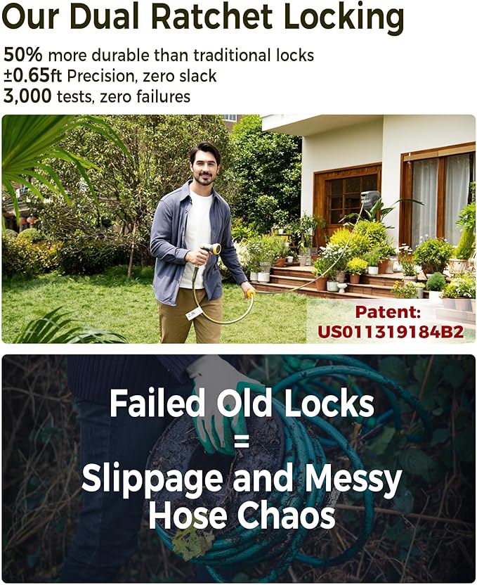 Retractable Garden Hose Reel 5/8 in x 65 ft, 2025 Upgraded Dual Ratchet Lock UV & Freeze Protection Brass Seal Slow Retraction Anti-Tangle Hose 180°Swivel Reinforced Scaffold Wall Mount