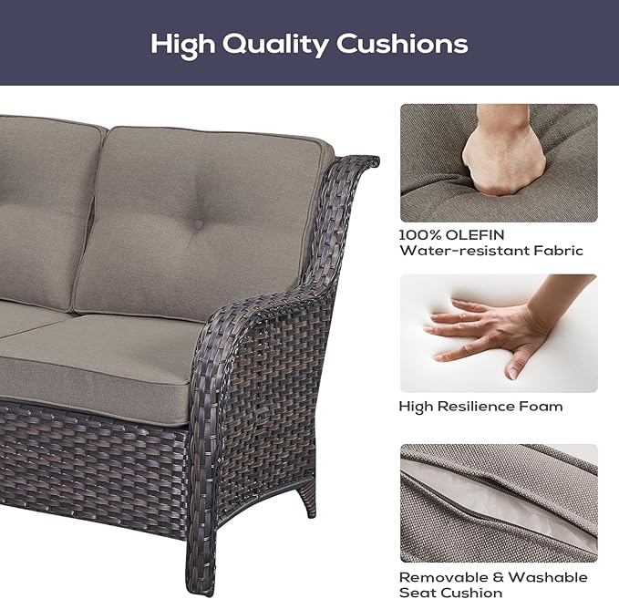 Outdoor Sectional Sofa Furniture Set with Propane Fire Pit Table, Wicker Patio Conversation Set with 2 Swivel Glider Rocker Chairs Grey Cushion Perfect for Backyard Casual Gathering