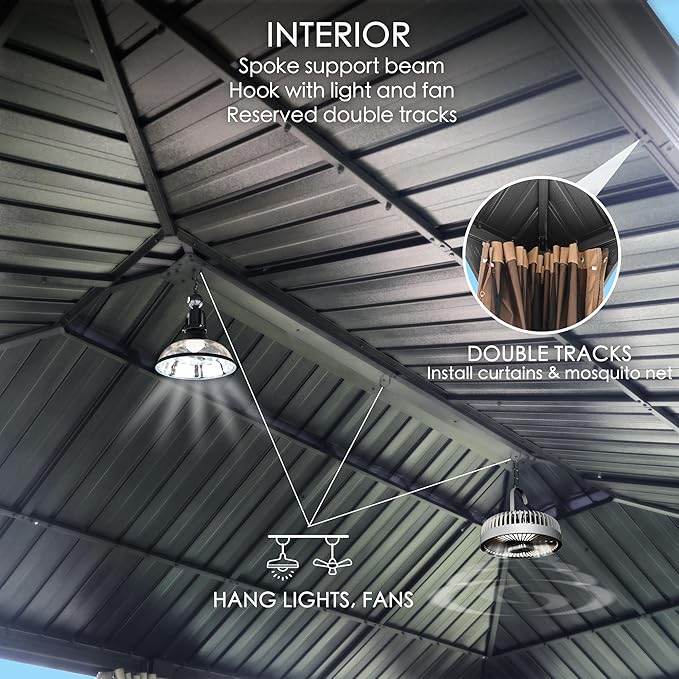 Kozyard Alexander 12‘ X 16’ Hardtop Aluminum Permanent Gazebo with a Mosquito Net and Privacy Sidewalls, Permanent Gazebo Pavilion for Patio, Backyard (Alexander 12'x16' (Brown))