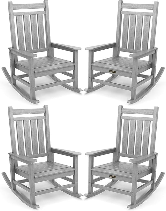 SERWALL Oversized Outdoor Rocking Chair Set of 4, HDPE Rocker for Adults, Patio Rocking Chairs for Porch, Sliver Gray