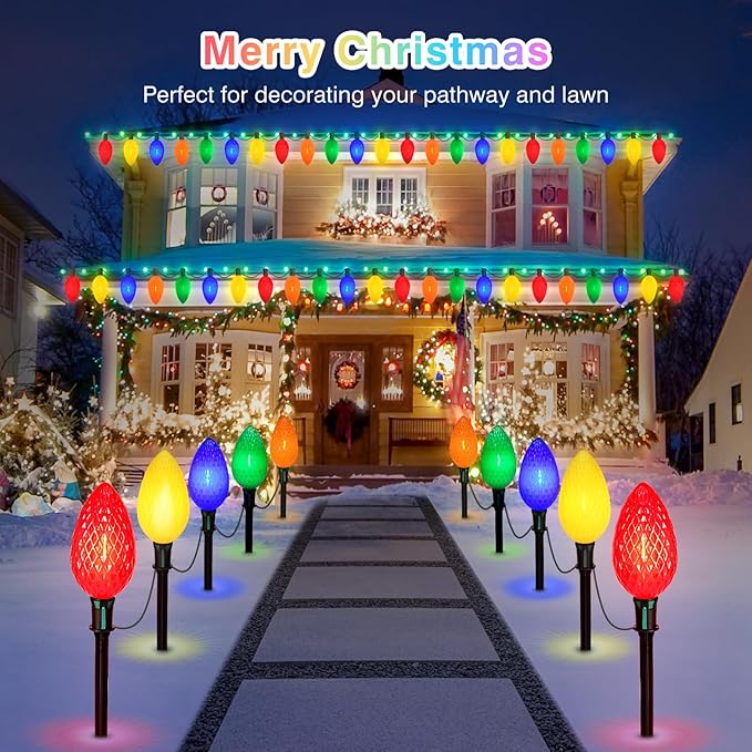 2 Packs Outdoor Christmas Decorations, Jumbo C9 Christmas Pathway Lights or Xmas String Lights, 8.5 Feet 5 LED Multicolored Large Bulbs, Waterproof Marker Lights for Yard Holiday Lawn Walkway Garden