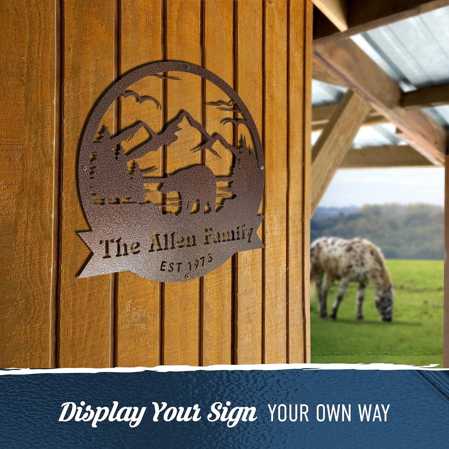 RealSteel Personalized Bear Metal Sign - Custom Outdoor Wall Art with Mountain Scene - Circular Design for Porch, Patio, Lawn & Garden Décor - Black, 36"