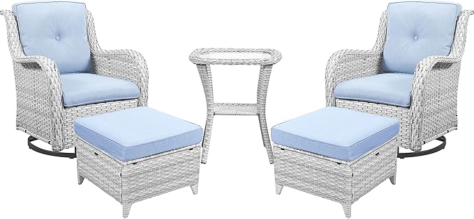 Outdoor Swivel Rocker Furniture 5 Pieces Patio Wicker Furniture Sets, Rattan Patio Swivel Glider Chairs with 2 Ottoman and Glass Side Table