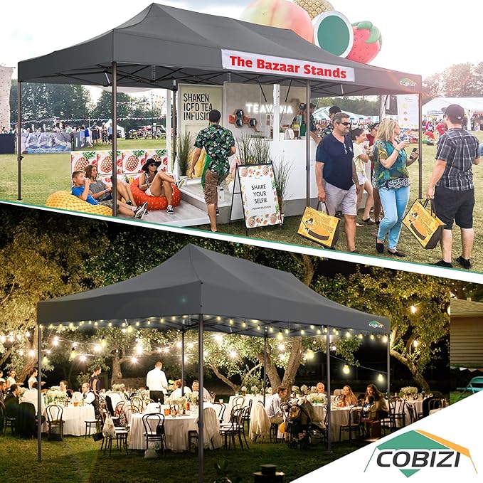 COBIZI 10x20 Pop Up Canopy Heavy Duty Without Sidewalls, Commercial Heavy Duty Pop Up Tent for Parties All Weather Waterproof and UV 50+ Wedding Tent with Roller Bag(Legs Upgraded),Grey