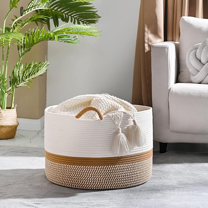KAKAMAY Large Blanket Basket (20"x13"),Woven Baskets for storage Baby Laundry Hamper, Cotton Rope Blanket Basket for Living Room, Laundry, Nursery, Pillows, Baby Toy chest (White/Brown)