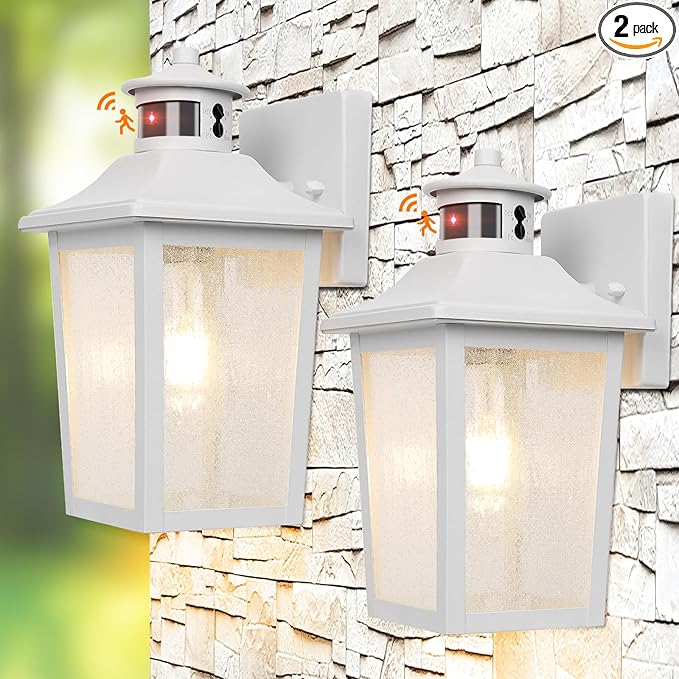 White Motion Sensor Outdoor Wall Light 2 Packs, Dusk to Dawn Outdoor Wall Lighting, Waterproof Exterior Light Fixture, Modern Porch Light Outside Wall Mount for House Patio Garage, Anti-Rust