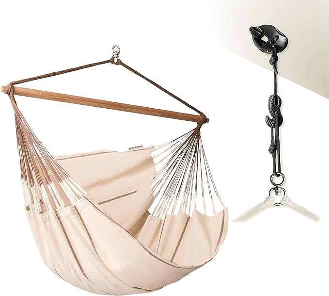 LA SIESTA® - XL King Habana Cotton Hammock Chair & CasaMount - Hanging Chair w/Suspension Kit for Walls Ceilings & Square Beams - Indoor Outdoor Swing Hanging Chair Bedroom Patio Balcony - Nougat