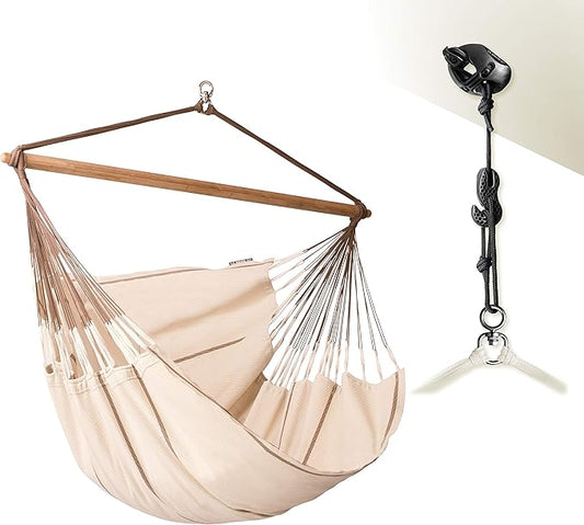 LA SIESTA® - XL King Habana Cotton Hammock Chair & CasaMount - Hanging Chair w/Suspension Kit for Walls Ceilings & Square Beams - Indoor Outdoor Swing Hanging Chair Bedroom Patio Balcony - Nougat
