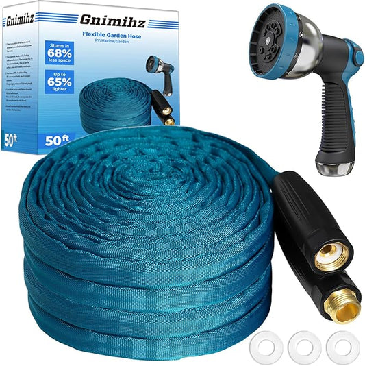 Garden Hose 50ft, Made of TPE(Not PVC), Ultra-Light & Flexible Water Hose with Solid Brass Fittings, Non-Shrinking, Easy to Storage, Drinking Water Safe Material, All-weather, SeaBlue