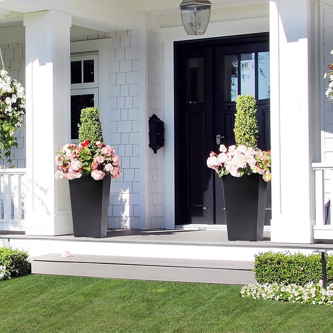 22.5" Tall Planters Set of 2, Outdoor＆Indoor Black Planter Pots, High Front Porch Planter Pots with Drainage Holes＆Water Level Monitor＆Inner Bucket, Automatic Watering, Black