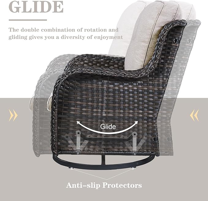 Wicker Outdoor Furniture Patio Furniture Set - 6 Piece Patio Conversation Set with Swivel Rocker Chairs, Rattan Sofa, Ottomans and Coffee Table, Beige Cushion