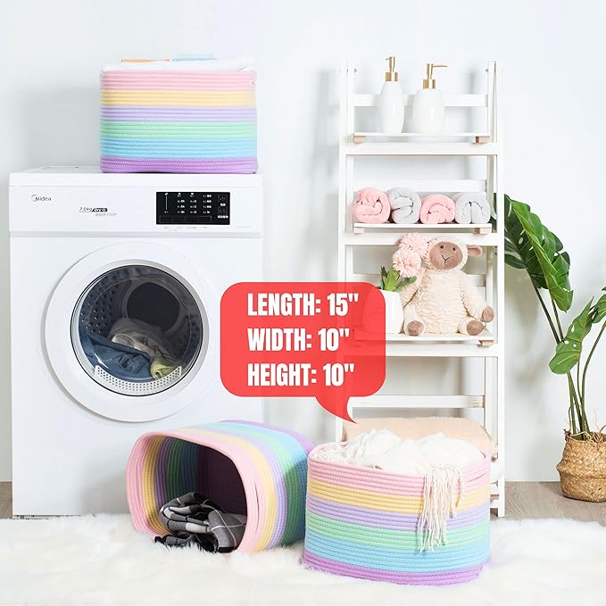 MINTWOOD Design Storage Basket for Shelves, Decorative Baskets for Organizing, Book Basket, Storage Cube Bin Box, Woven Closet Organizer, Pantry Closet and Shoe Basket, Pastel Rainbow