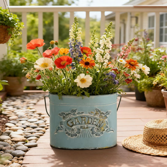 Vintage Distressed Blue Metal Planter Pot with Handles, Garden No.2 Embossed Design, Rustic Farmhouse Flower Bucket for Indoor Outdoor Gardening, Succulents, Herbs, Home Decor
