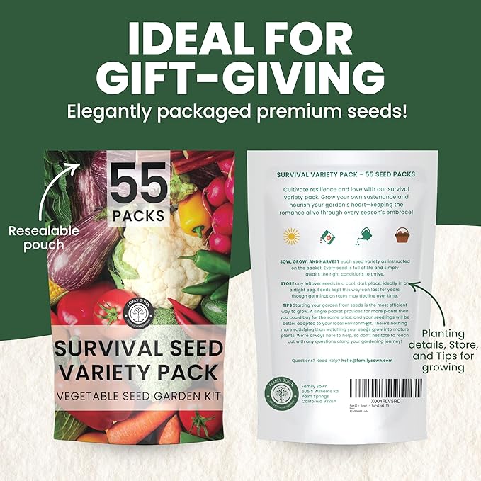 55 Vegetable Seeds | Survival Variety Pack | 2025 Season | Individually Packed Vegetables, Herbs and Fruits | Emergency Seed Vault for Doomsday Prepping | by Family Sown