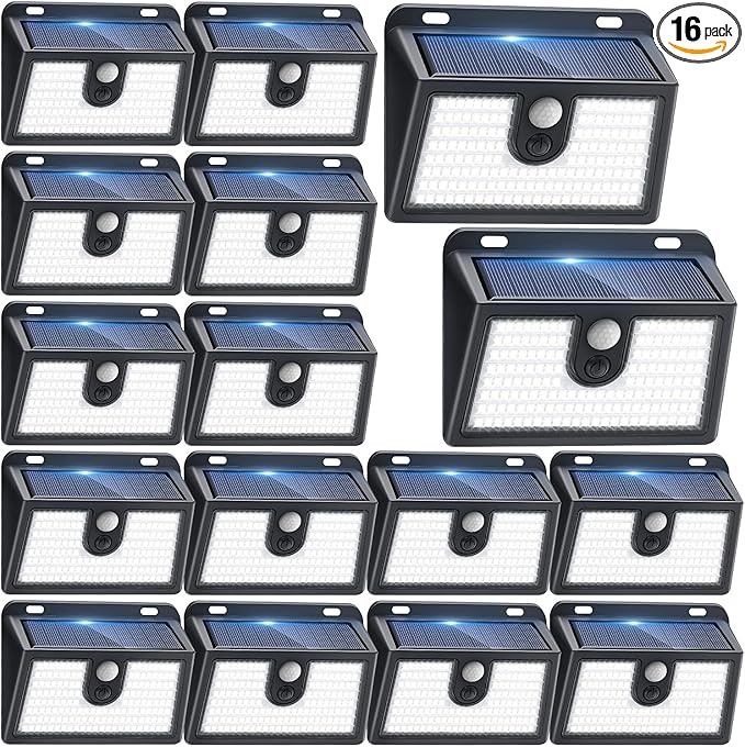 Solar Lights Outdoor Motion Sensor, 16 Pack 149 LED Waterproof Solar Powered Fence Lights, 3 Lighting Modes Security Wall Light for Outside Backyard Deck Garden Door Step Walking Dog, Cold Light 6500K