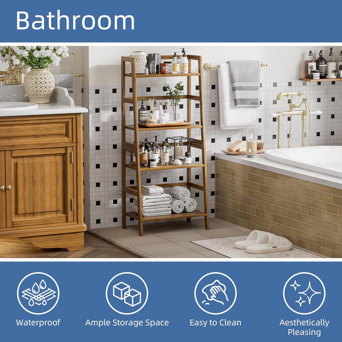 HITNET Ladder Shelf, 4-Tier Bamboo Bookshelf, Freestanding Open Display Storage Rack, Space Saving Flower Plant Display Stand for Bathroom Living Room, Walnut