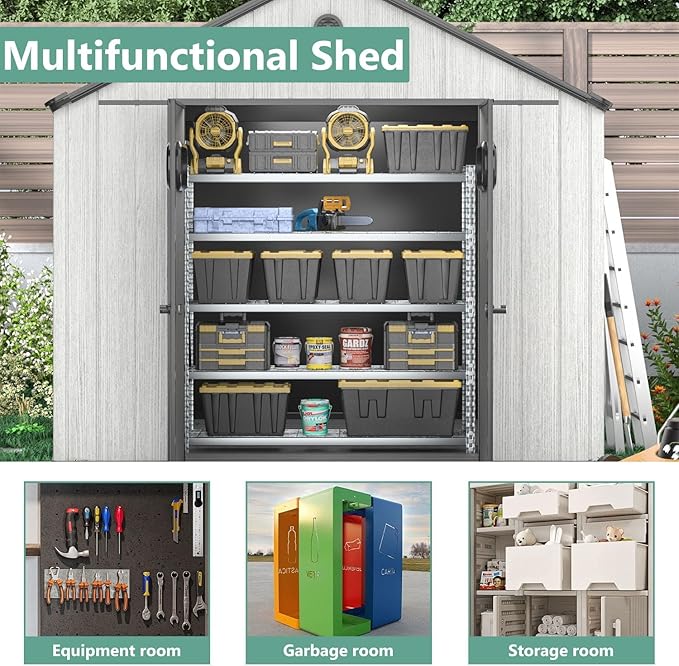 Aoxun 10X8FT Outdoor Shed with Floor, Resin Storage Shed with Lockable Door, Garden Utility Tool Shed Storage House for Backyard, Patio, Lawn