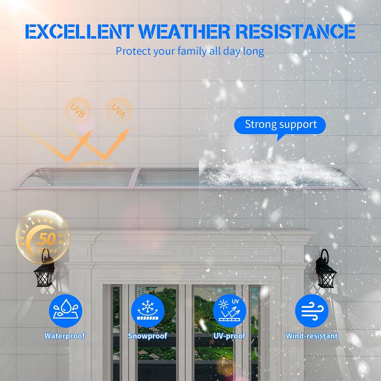 Awning for Door Entrance,32x120 inches Window Awnings for Doors Canopy Polycarbonate Cover Patio Door Awning UV Rain Snow Sunlight Protection Hollow Shee