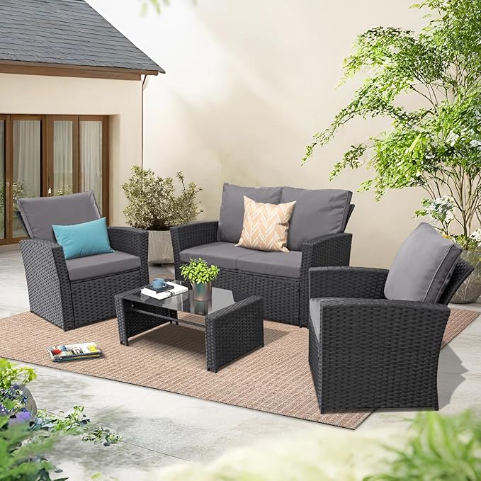 4 Piece Outdoor Patio Furniture Set,Wicker Conversation Sets Outdoor Sectional Patio Sofa Couch with Cushions & Coffee Table for Outside, Garden, Balcony, Porch,Black/Grey
