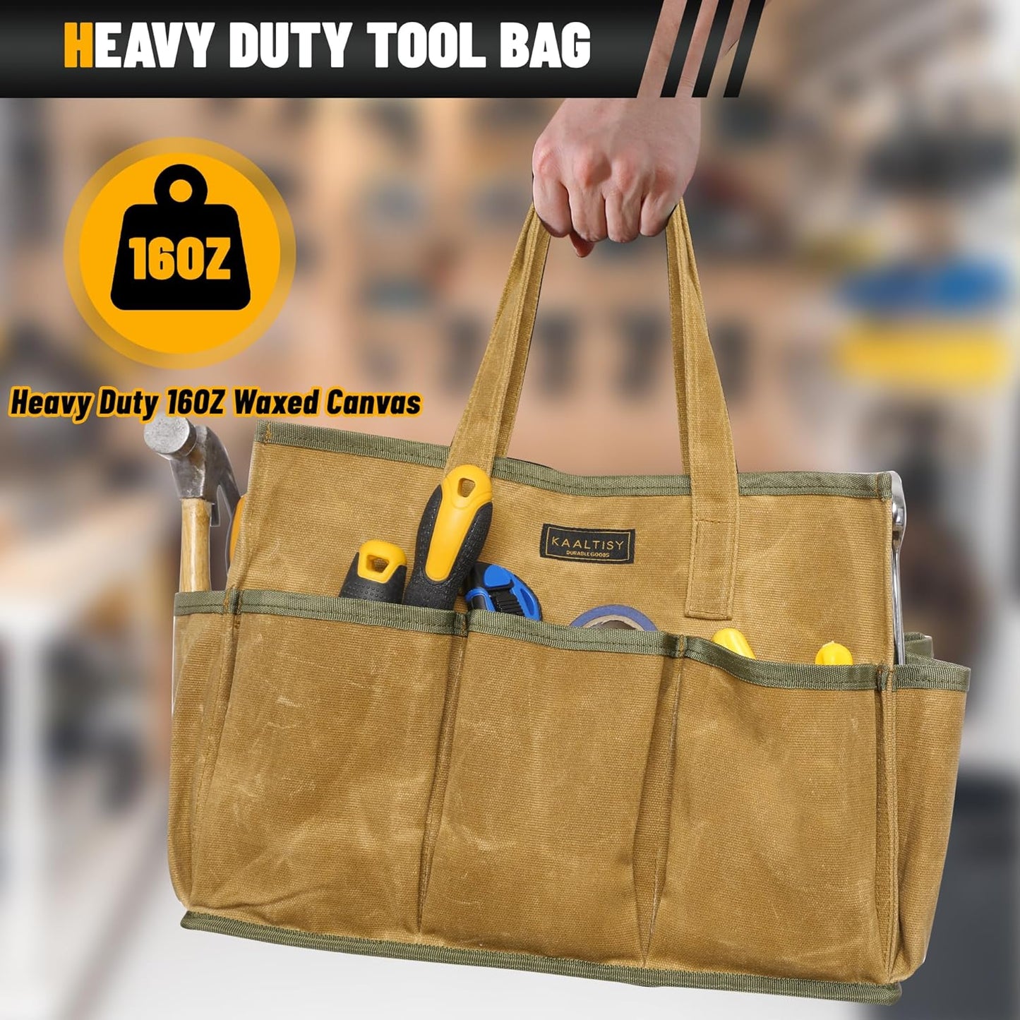 16OZ Waxed Canvas Tool Tote Bag | Large-Capacity Tool Storage Tote with 10 External Pockets | Multi-Purpose Garden Tool Carrier for Gardening, Wrench, and Carpentry Tools – Khaki