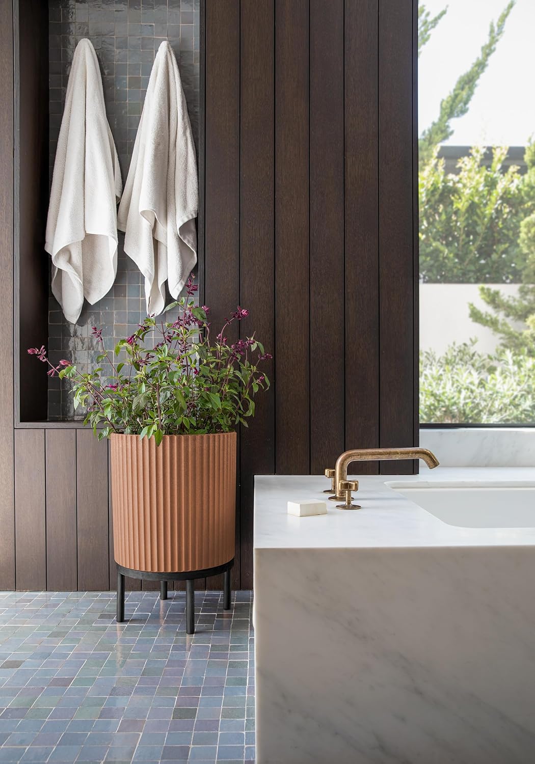 Veradek Demi Series Round Planter w/Stand for Porch/Patio | Durable Plastic-Stone Composite & Wooden Stand | Modern Décor for Tall Plants, Flowers