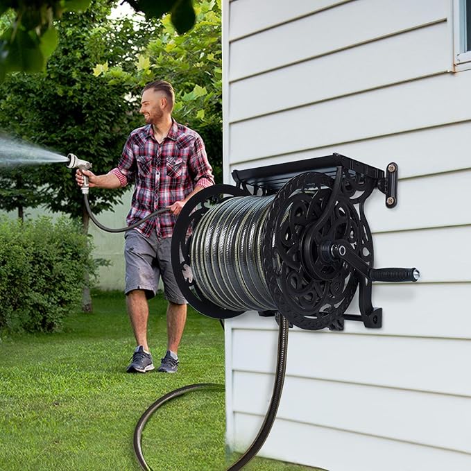 Metal Decorative Garden Hose Reel, Heavy Duty Hose Holder for Outside, Aluminum Frame, No-Leak Aluminum Water System, Easy Assmbly, Wall Mount, Holds 135 ft x 5/8" Hose Storage, Dark Bronze
