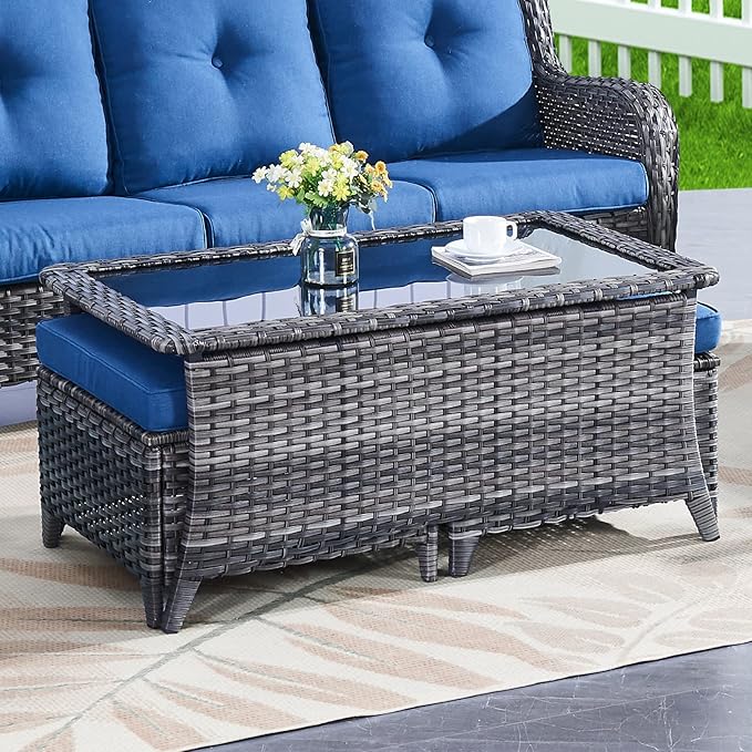 Wicker Outdoor Furniture Patio Furniture Set - 6 Piece Patio Conversation Set with Swivel Rocker Chairs, Loveseat Sofa, Ottomans and Coffee Table, Blue Cushion