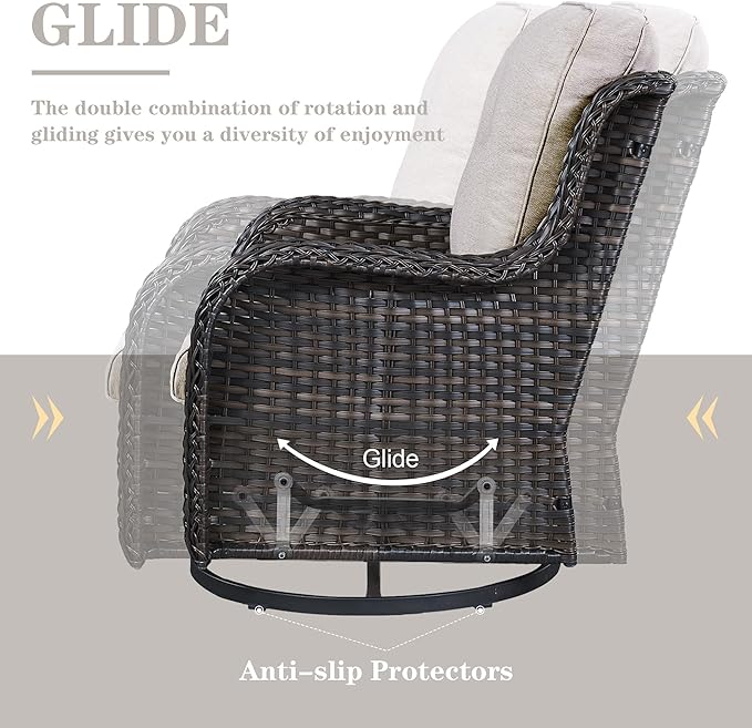 5 Pieces Patio Furniture Sets Wicker Outdoor Furniture, Rattan Patio Swivel Glider Chairs with 2 Ottoman and Glass Side Table