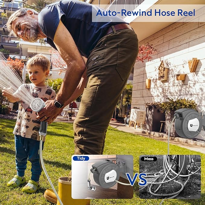 Retractable Garden Hose Reel,1/2 in x 50 ft Wall Mounted Hose Reel,10-Pattern Spray Nozzle, Any Length Lock/Slow Return System/Wall Mounted/180°Swivel Bracket