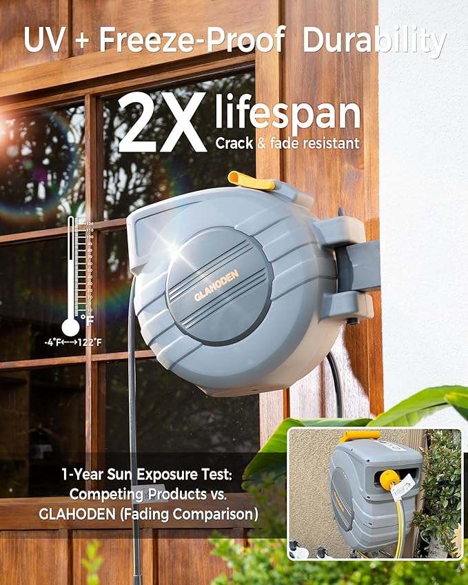 Retractable Garden Hose Reel 1/2 in x 130 ft, 2025 Upgraded Dual Ratchet Lock UV & Freeze Protection Brass Seal Slow Retraction Anti-Tangle Hose 180°Swivel Reinforced Scaffold Wall Mount