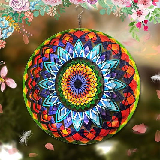 FONMY Wind Spinner Mandala Sun Flower 12 inches – 3D Stainless Steel – Laser Cut Metal Art Geometric Pattern - Hanging Wind Spinner, Kinetic Yard Art Decorations - Indoor/Outdoor Décor