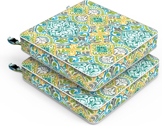 LVTXIII Patio Chair Cushions 19"x19"x3", Water-Repellent Outdoor Seat Cushions for Patio Furniture, Square Chair Pads with Ties for Home Garden Decoration, Set of 2, Damask Green