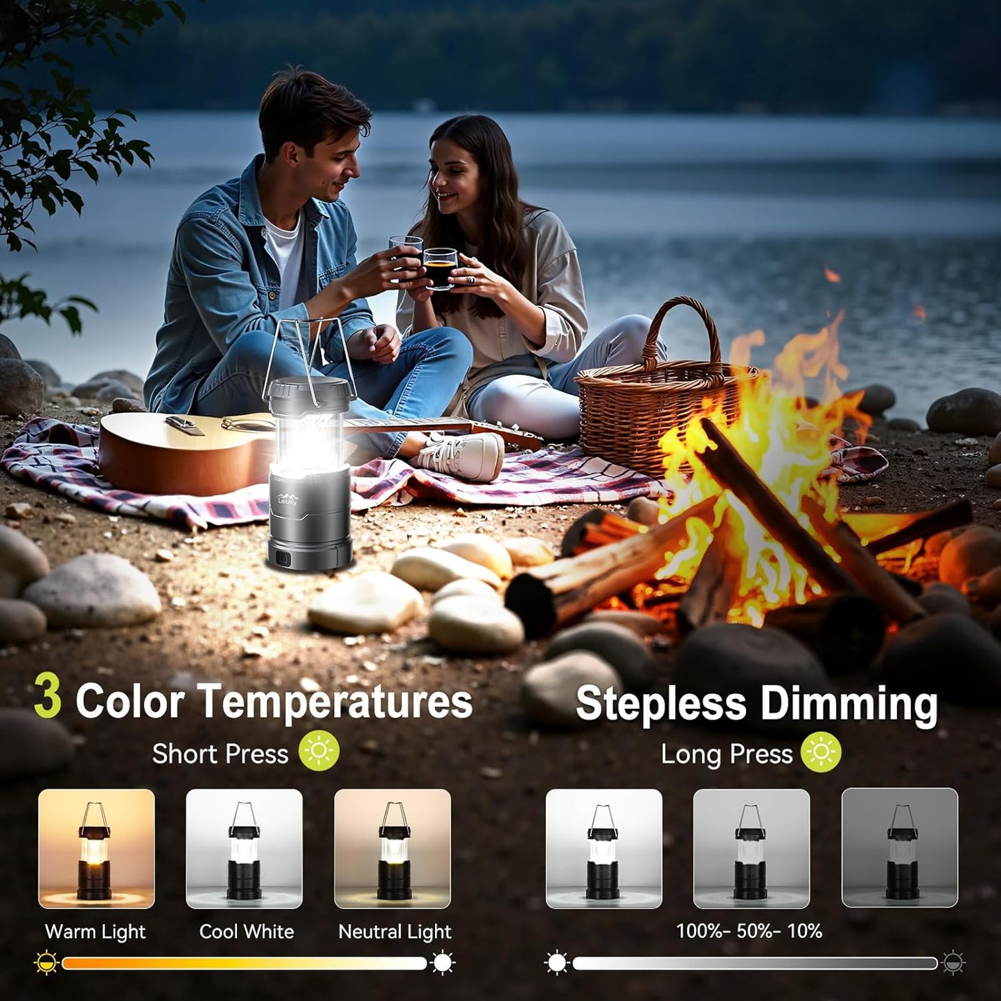 LETMY LED Camping Lantern for Power Outages, 3 Color Modes & Dimmable Battery Powered Lantern, IPX4 Waterproof & Collapsible, Lanterns Flashlight Survival Kits for Emergency Hurricane Hiking, 2 Pack