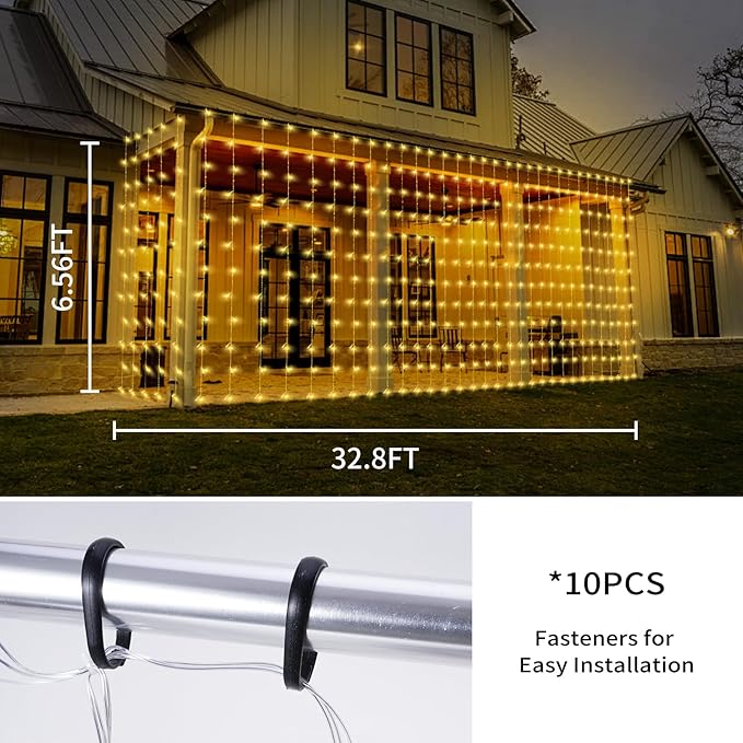 32.8 * 6.56FT Large Size Solar Curtain Lights Outdoor, 8 Modes Outdoor Solar String Icicle Lights, Solar Garden Christmas Lights Decortions for Patio, Gazebo, Eaves, Fence, Tree, Porch (Warm White)