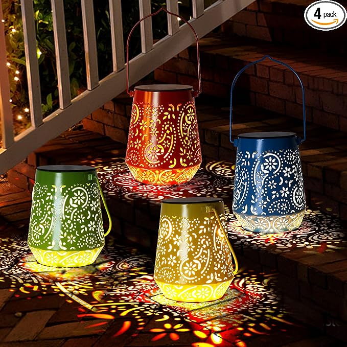 4 Pack Hanging Solar Lantern Outdoor Waterproof Lights Garden Hanging Solar Lights for Outside Patio Colored LED Lanterns Decorative with Handle for Yard Porch Table Pathway Xmax Christmas Tree Lights
