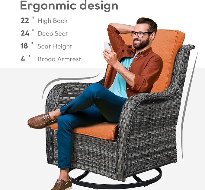 Outdoor Swivel Rcoker Wicker Chairs - Swivel Patio Chairs Set of 2 Patio Furniture Sets with Covered Cushion for Porch Deck Balcony Backyard, Orange Cushion