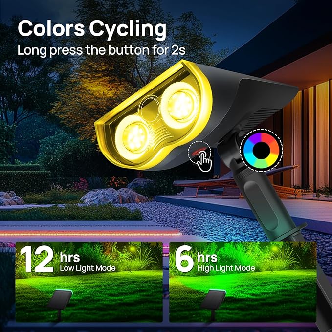 Consciot Solar Spot Lights Outdoor, Halloween Decorations 22 LEDs IP67 Waterproof Color Changing Solar Outdoor Lights, 8 Colors, 2-in-1 Adjustable Wall Lights for Garden Yard Pathway, 2 Pack(RGB)