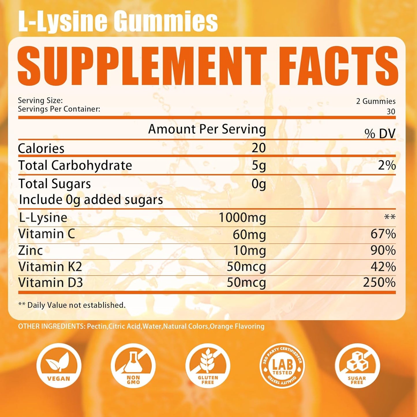 L-lysine Gummies 1000mg, Chewable Lysine Supplement with Vitamin C, D3, K2 & Zinc, Enhance Immunity, Lips & Skin Health, Collagen Growth, Sugar-Free, Gluten-Free, 60 Count (Pack of 1)