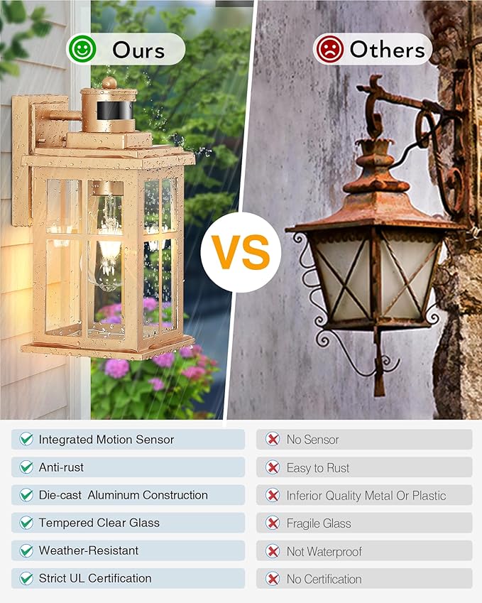 Motion Sensor Outside Lights for House, Modern Dusk to Dawn Outdoor Lighting, 2 Pack Gold Anti-Rust Outdoor Wall Lights with Transparent Glass, Waterproof Outdoor Porch Lights for House, Patio