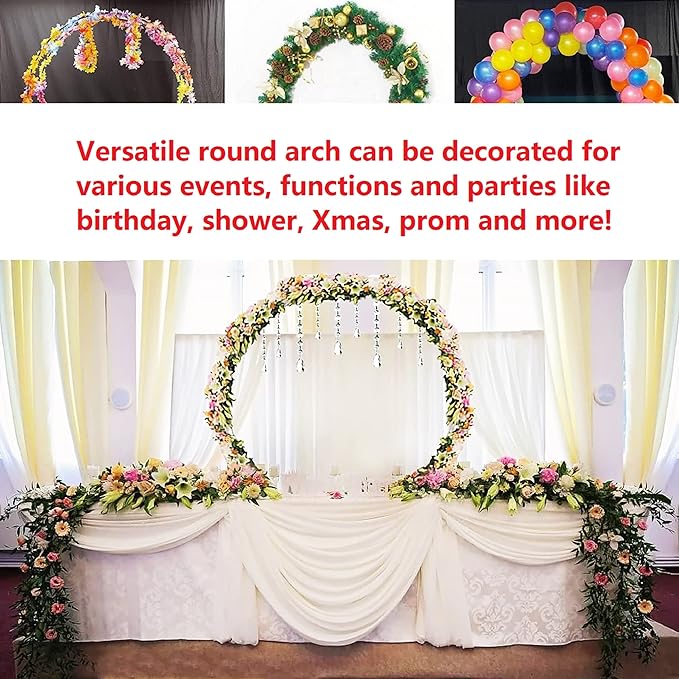 4.6 Ft Round Metal Arch Arbor for Indoor and Outdoor Event Party Decorations or Garden Plants - Easy Assembly with Support Legs Ground Anchors Screwdriver and Instructions (White 1PC)