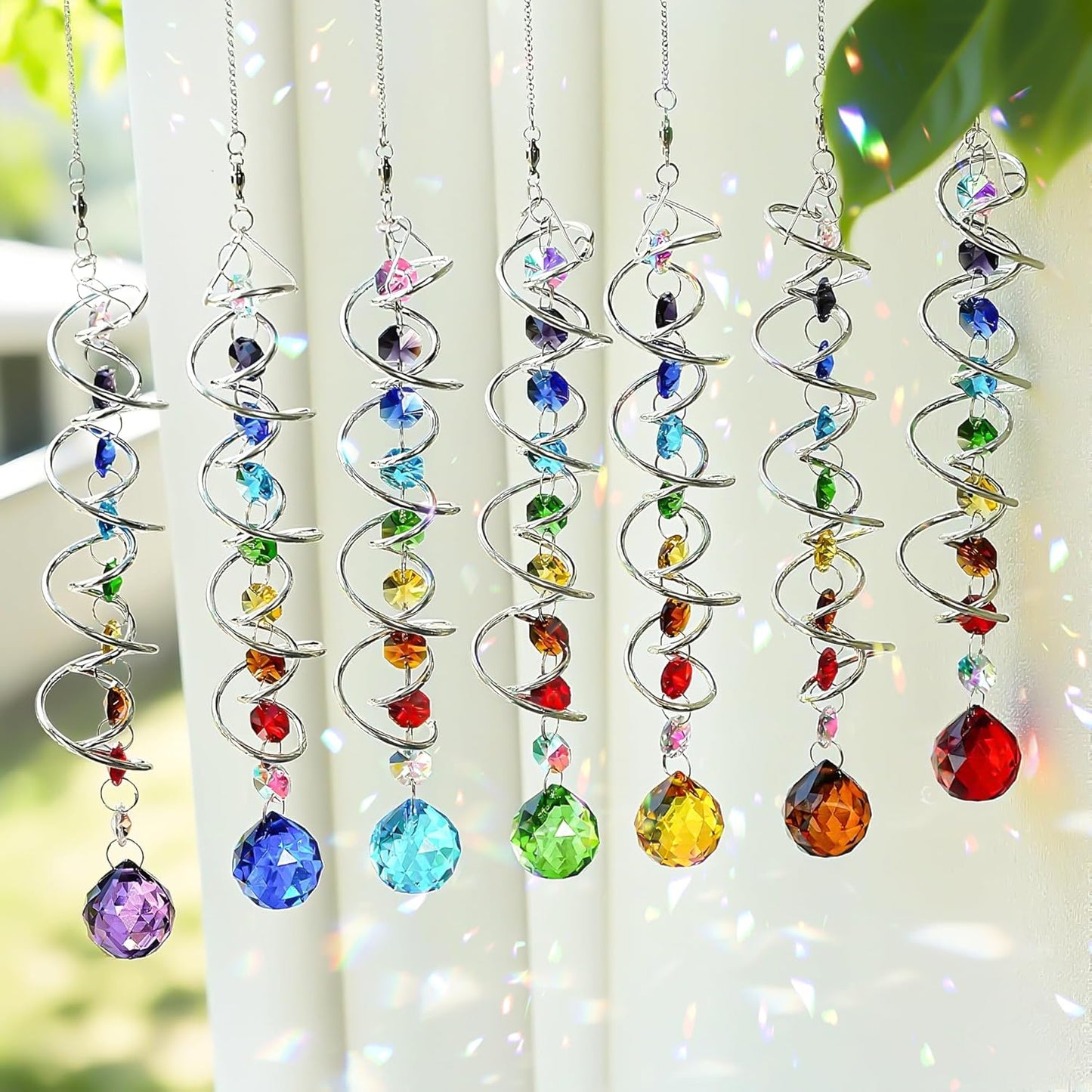 H&D HYALINE & DORA 7 Pack Crystal Suncatchers for Windows Hanging Gazing Ball Spiral Tail Wind Spinners Stainless Steel Hanging with Swivel Hook for Yard and Garden Indoor Home Decor