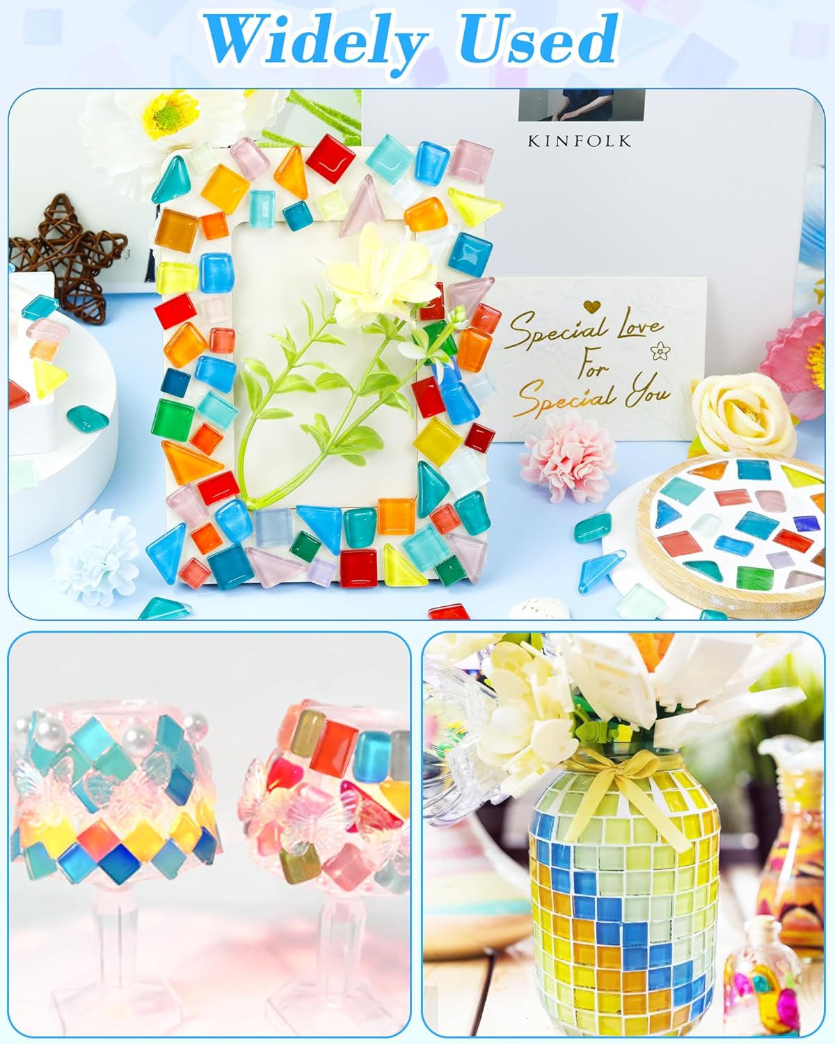 FIVEIZERO 280Pcs Mosaic Tiles for Crafts Bulk - 420g Glass Mosaic Kits, Multi-Color Irregular Tiny Mosaic Tile, Mixed Shapes Mosaic Glass Kit for Art, Home Decoration and DIY Projects